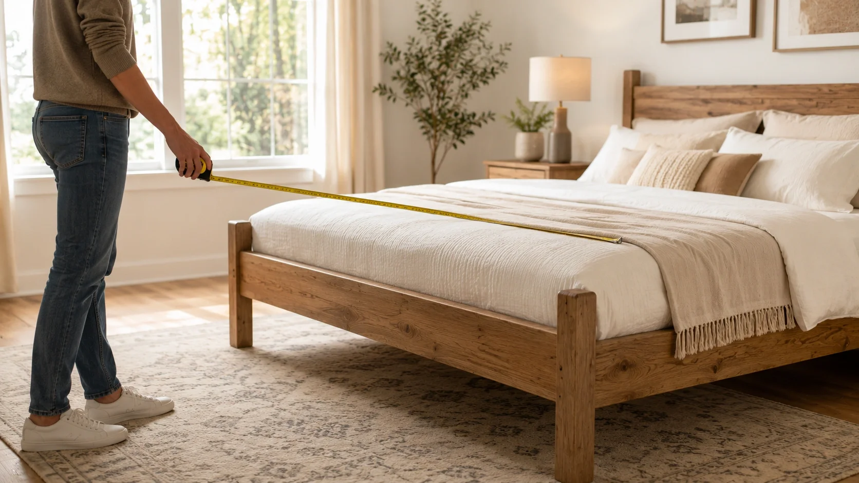 A person measuring their bedroom to ensure the chosen bed frame fits perfectly with existing nightstands