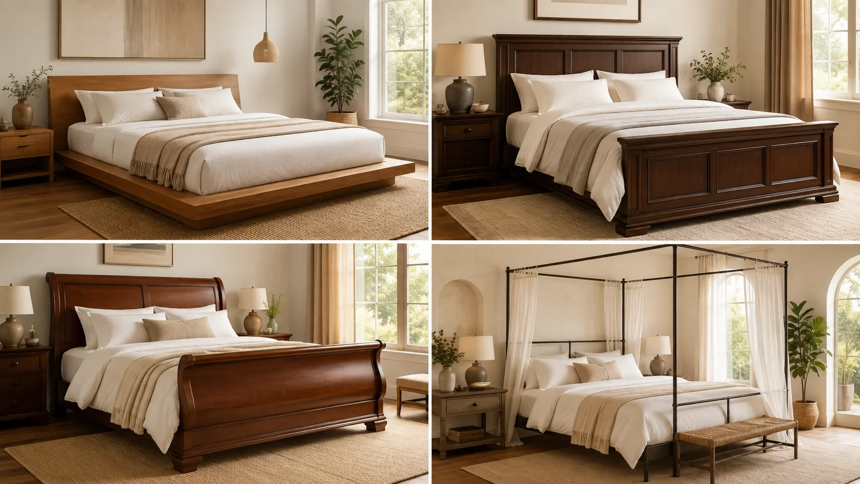 A collage showing four popular bed frame types: platform, panel, sleigh, and canopy