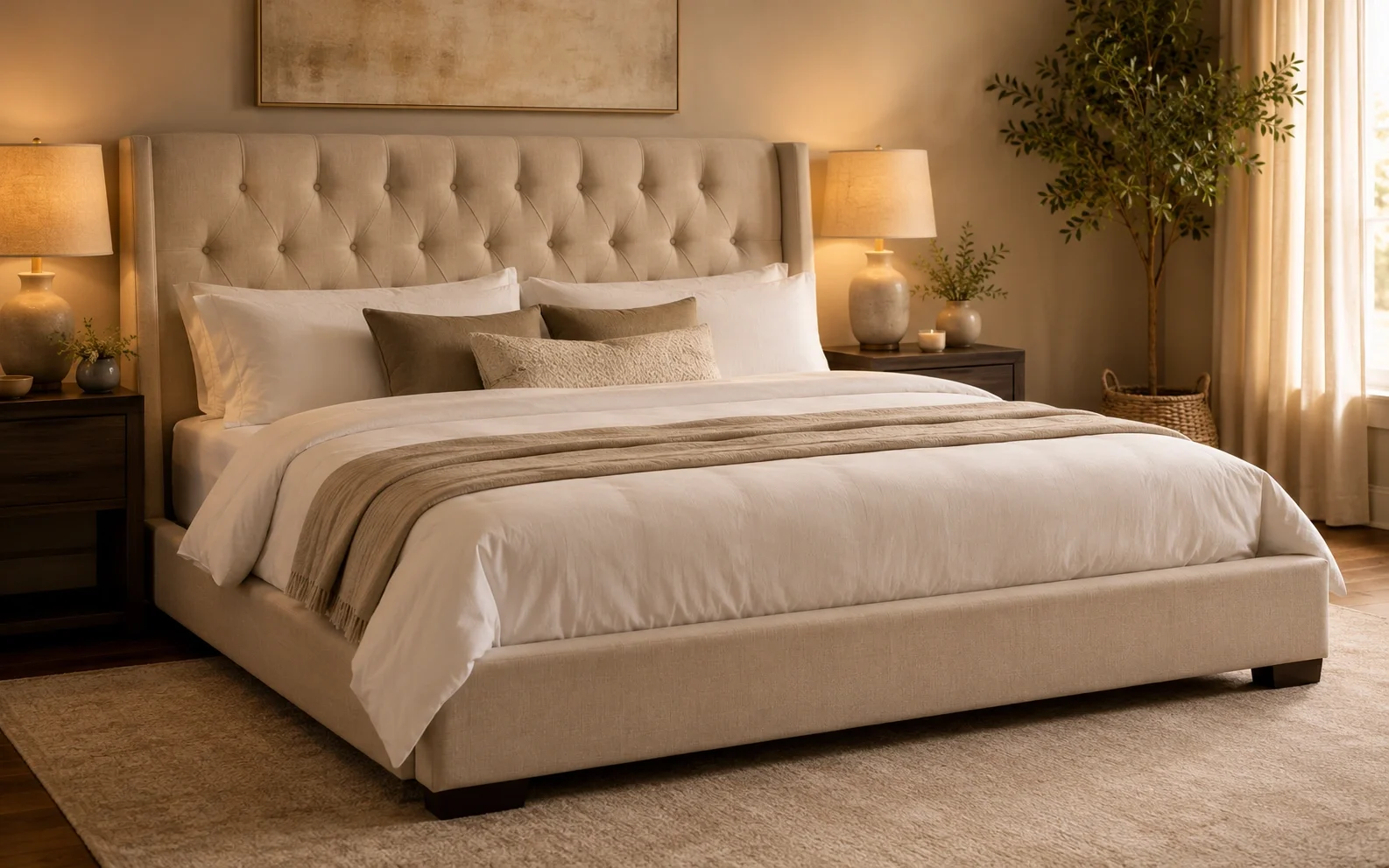Upholstered platform bed with tufted headboard