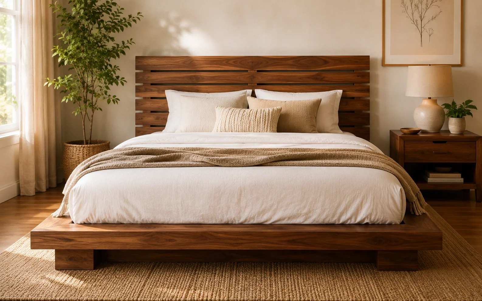 Wooden platform bed with slatted headboard